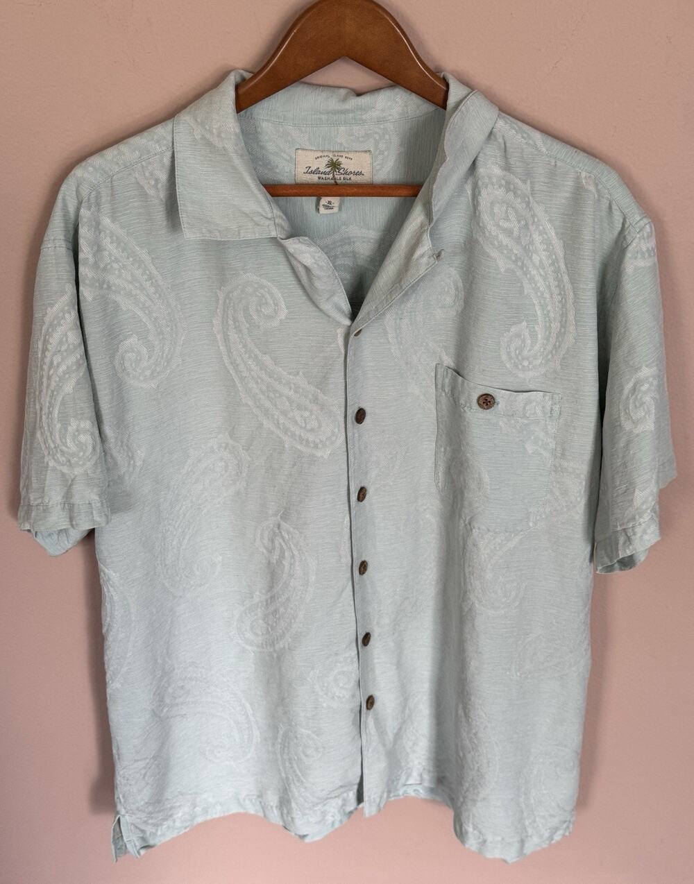 ISLAND SHORES WASHABLE SILK SHIRT Tropical Size XL Green Button down